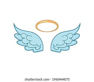 Flying angel wings with a golden halo in flat style. Angel winged glory halo cute cartoon drawings isolated on white background. Cartoon vector illustration. Eps 10. 