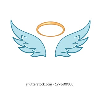 Flying angel wings with a golden halo in flat style. Angel winged glory halo cute cartoon drawings isolated on white background. Cartoon vector illustration. Eps 10.