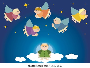 Flying angels, christmas theme, angel in heaven, starry sky, religion, advent, blue, gift, present, vector illustration, postcard, guardian angel