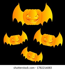 Flying angry and scary yellow pumpkins with bats wings on a black background. Halloween theme. Vector illustration.