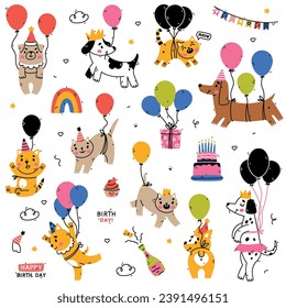 Flying Animal Pet with Balloon at Birthday Party Vector Set