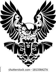 Flying animals bat and owl outline pattern isolated on white background. Vector illustration