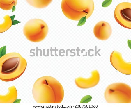 Flying apricot. Realistic 3D falling apricots blurred effect background. Vector.