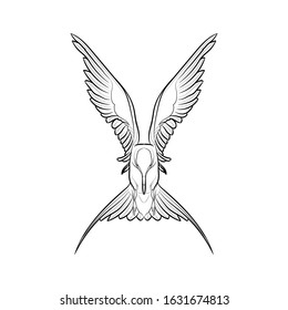 Flying Arctic tern. Line drawing. Black and white illustration. Vector.