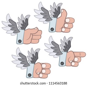 Flying arm gesture four set icons, vector cartoon illustration design element horizontal, over white, isolated