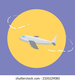 Flying around the planet simple plane with white line route in flat design