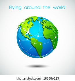Flying around the world: 3d Earth planet. Vector illustration