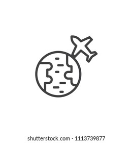 Flying around the world outline icon. linear style sign for mobile concept and web design. Globe with plane simple line vector icon. Symbol, logo illustration. Pixel perfect vector graphics