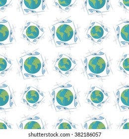 Flying around the world. Pattern with aircraft flying around the earth in flat style on a white background.The flights, vacation.