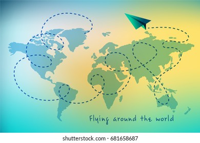 Flying around the world telegram, vector stylized illustration, paper airplane and world map, gentle gradient. Trip around the world.