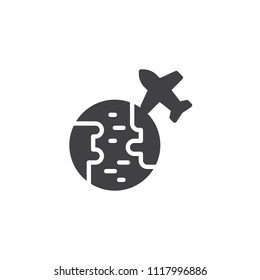 Flying around the world vector icon. filled flat sign for mobile concept and web design. Globe with plane simple solid icon. Symbol, logo illustration. Pixel perfect vector graphics