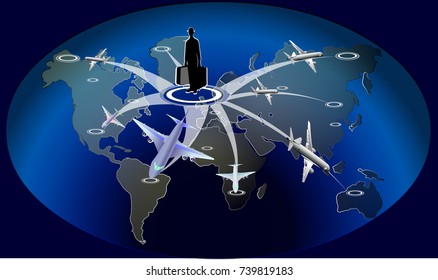 Flying around the world vector illustration with the image of aircrafts for commercial airlines, web sites and mobile applications