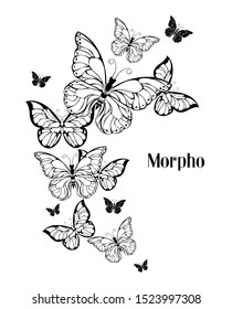 Flying, artistically drawn, contour butterflies on white background. Tattoo style.