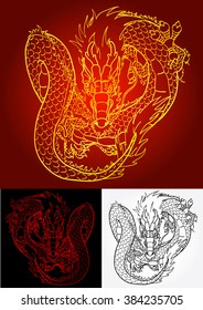 Flying Asian chinese oriental dragon gold, red and black contour line on burgundy, charcoal and white background