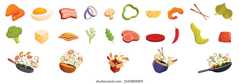 Flying asian food icons set. Different wok ingredients, from vegetables and meat to noodles and seafood, are shown individually and stir frying or floating above a pan, bowl, and take out box