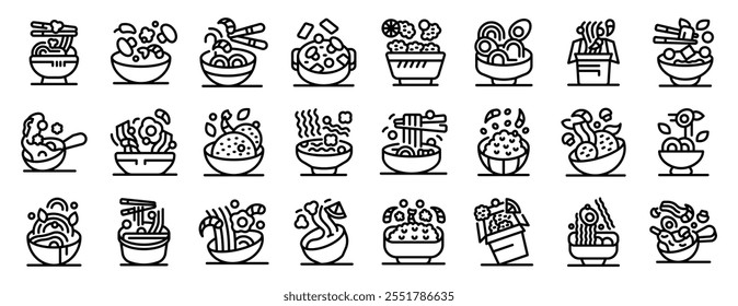 Flying asian food icons set. Collection of line icons representing people eating ramen noodle dishes served in different types of bowls and takeaway boxes 