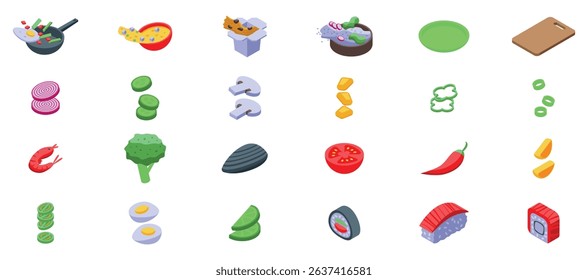 Flying asian food icons set. Isometric icons representing various cooking ingredients, including vegetables, seafood, and ready to eat dishes
