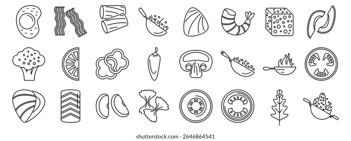  Flying asian food icons set. Line art icons depicting various food items commonly used in cooking, symbolizing culinary ingredients and meal preparation