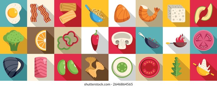  Flying asian food icons set. Flat design icons showcasing a variety of food items, from fresh produce to cooked dishes, creating a vibrant culinary scene
