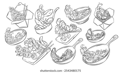 Conjunto de iconos de línea de comida asiática voladora. Caja de arroz frito y fideos, wok con mariscos que caen, sushi japonés y rollos. Mascota de la cocina asiática, Ilustración vectorial de colección dibujada a mano del icono de la comida rápida