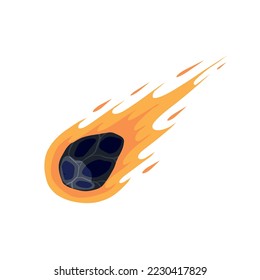 Flying asteroid, Burning comet. Astronomical object with tail vector design illustration. Dangerous explosive space object