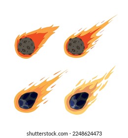 Flying asteroid, Burning comet. Astronomical object with tail vector design illustration. Set of Dangerous explosive space object.
