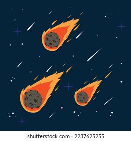 Flying asteroid, Burning comet on background of night sky. Astronomical object with tail vector design illustration. Dangerous space object