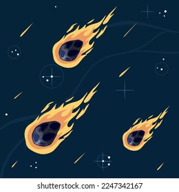Flying asteroid, Burning comet on background of night sky. Astronomical object with tail vector design illustration. Set of Dangerous explosive space object
