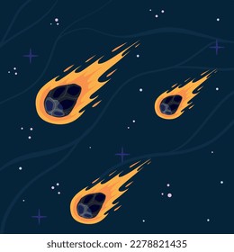 asteroide volador, cometa de Burning sobre el fondo del cielo nocturno. Objeto astronómico con ilustración de diseño de vector de cola. Conjunto de objetos espaciales peligrosos