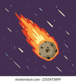 Flying asteroid, Burning comet on background of night sky. Dangerous space object. Astronomical object with tail vector design illustration
