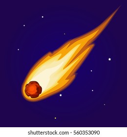 Flying asteroid on background of night sky. Minor planet in inner solar system. Astronomical object, Burning comet with coma and visible tail vector design illustration. Magical meteor on starry sky