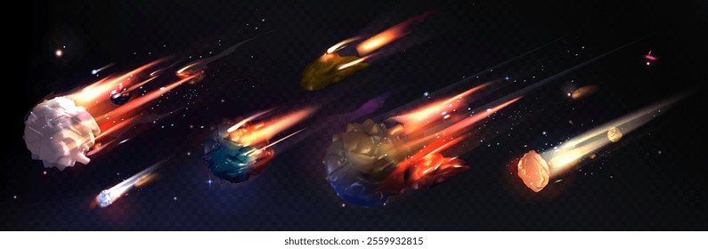 Flying asteroids set isolated on transparent background. Vector realistic illustration of space comet with burning tail falling in dark sky, meteor with fire trail, shooting stars glowing in darkness