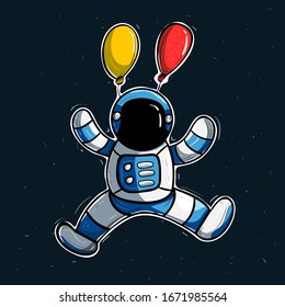 Flying astronaut and baloon flat illustration with dark space background and stars