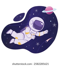 Flying astronaut character in a helmet in outer space