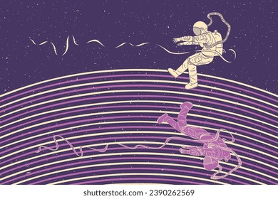 Flying astronaut. Cosmonaut abstract retro poster. Lonely man in space