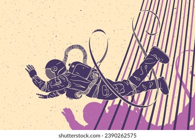 Flying astronaut. Cosmonaut abstract retro poster. Lonely man in space