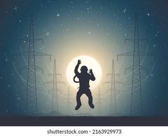 Flying astronaut. Cosmonaut silhouette. Lonely man on dark planet