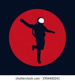 Flying astronaut. Cosmonaut silhouette, red planet. Man in spacesuit