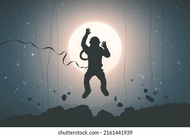 Flying astronaut. Cosmonaut silhouette. Sci Fi. Zero gravity