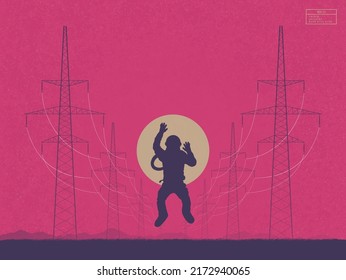 Flying astronaut. Cosmonaut silhouette and sun. Man on red planet