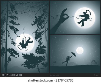 Flying astronaut. Cosmonaut with umbrella in rain. Man alone in forest