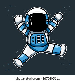 Flying astronaut flat illustration with dark space background and stars