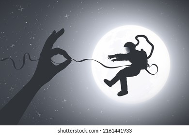 Flying Astronaut. Holding Hand. Zero Gravity. Cosmonaut Silhouette