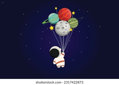 flying astronaut with planets baloons