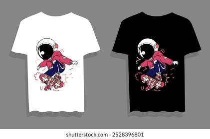 Flying Astronaut playing skateboard cartoon illustration. Tshirt astronaut vector illustration