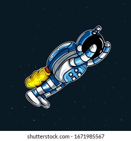 Flying astronaut and rocket flat illustration with dark space background and stars