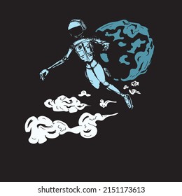 flying Astronaut with smokes vector illustration on black background. suitable print on tee shirt and poster.	