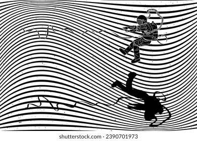 Flying astronaut in space. Graphic black white sci-fi poster with lines