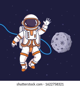 Flying astronaut in the space, vector cartoon illustration