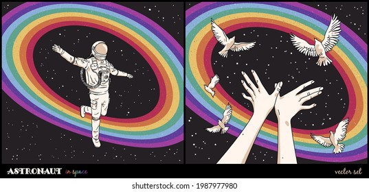 Flying astronaut in spacesuit. Bird shaped hands. Rainbow in space